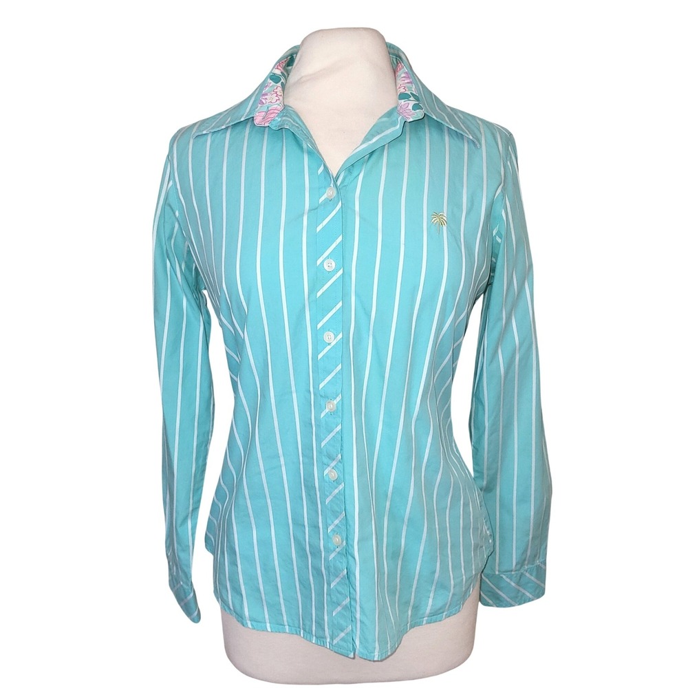 VTG Lilly Pulitzer Aqua Teal Striped Fitted Tailored Preppy Button-up Blouse 8